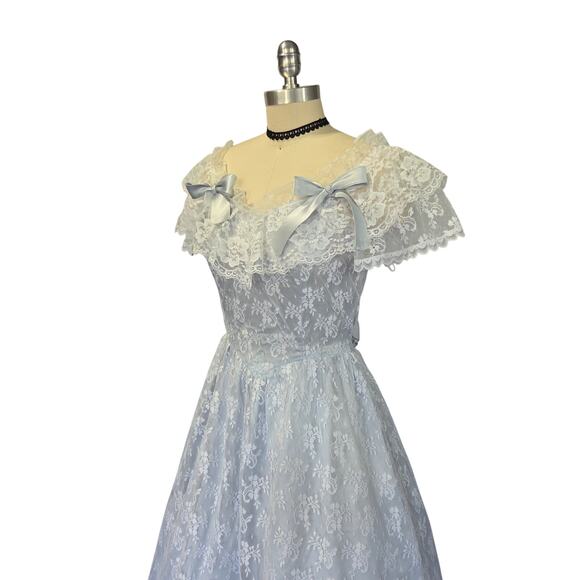 Gunne Sax Vintage 80s Lace Princess Dress Size S Ice Blue Bows Fairy Ruffle - Picture 6 of 12